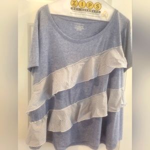 Blue ruffled front top, size 22/24